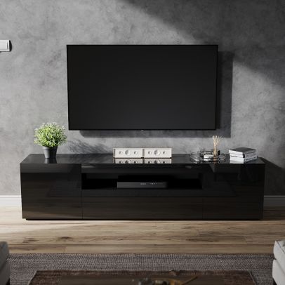 ELEGANT 200cm High Gloss TV Stand Black Cabinet Unit Doors Storage with RGB LED Cupboard
