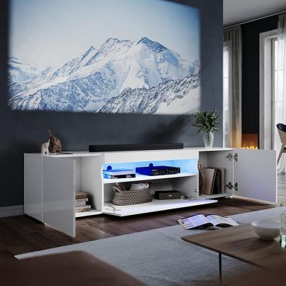 ELEGANT 200cm High Gloss White TV Stand Cabinet Unit Doors Storage with RGB LED Cupboard