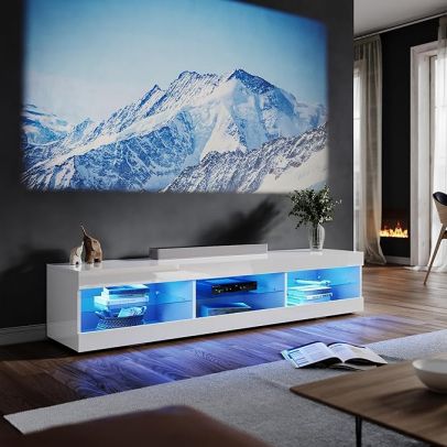 ELEGANT White 180cm TV Stand Cabinet with 3 Open Glass Shelves and Drawers