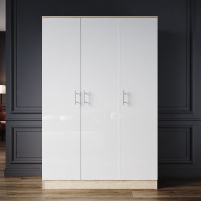 ELEGANT 3 Door Wardrobes High Gloss White Oak with Hanging Rail and Storage Shelves Modern Clothes Cabinet