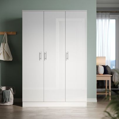 ELEGANT 3 Door Triple Wardrobe White Gloss with Hanging Rail & Shelves Bedroom Furniture
