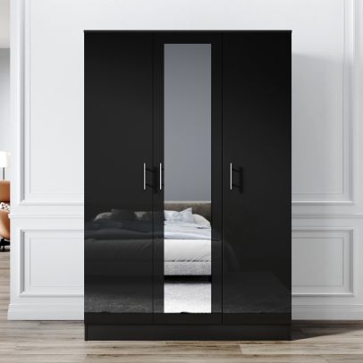 ELEGANT 500D x 1200W x 1800Hmm 3 Door High Gloss Black Mirrored Wardrobes with Hanging Rail