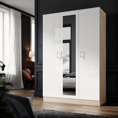 ELEGANT 3 Door Mirrored Wardrobes for Bedroom Furniture High Gloss White and Oak