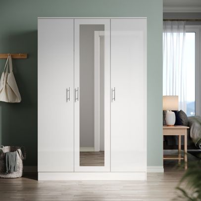 ELEGANT 3 Door Triple Mirrored Wardrobe White High Gloss with Hanging Rail & Shelves