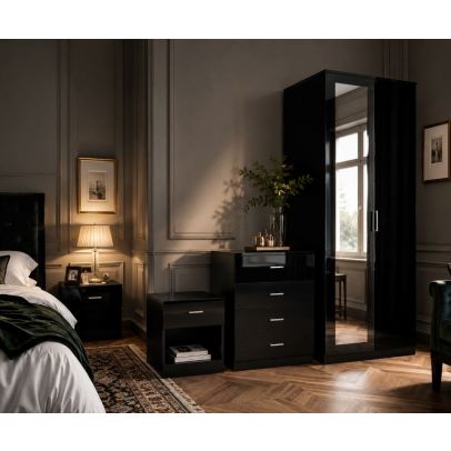 ELEGANT Mirror Wardrobe 3-Piece Bedroom Furniture Suite In Black