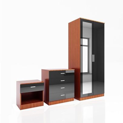 ELEGANT 3 Piece Bedroom Furniture Sets Mirrored Wardrobe, Chest of Drawers, Bedside Cabinet Black-Walnut