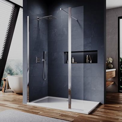 ELEGANT Walk in Shower Door Wet Room Screen Panel with 300mm Flipper Panel, 1000mm Support bar Included
