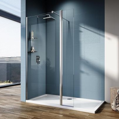 ELEGANT 700 Walk in Shower Enclosure 6mm Tempered Safety Glass with 300mm Flipper Panel, Two 8mm Glass Shelves