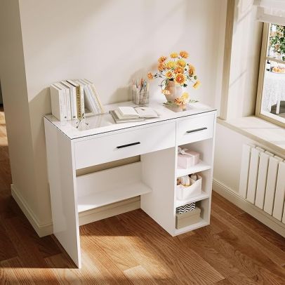 ELEGANT White Dressing Table with 2 Drawers Glossy TD011