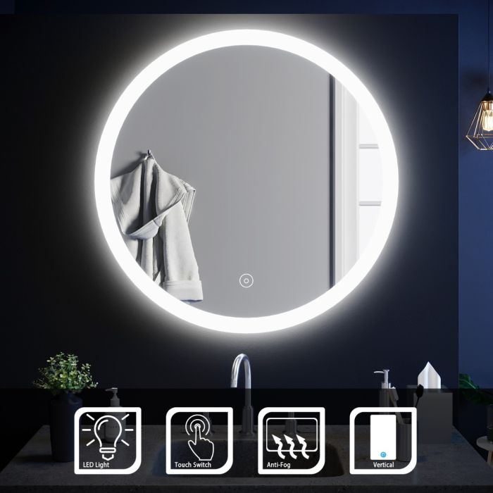 ELEGANT 800x800mm Anti-Fog Touch Round LED Bathroom Mirror With Demister