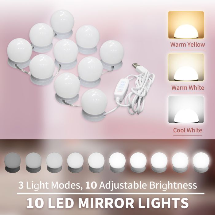 ELEGANT Hollywood Mirror Make Up Mirror Lights with 10 Bulbs Dimmable  Switch USB White LED Light
