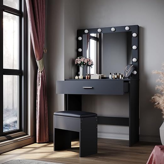 ELEGANT Hollywood Vanity Mirror Dressing Table with Adjustable 3 Color LED Lights and 1 Large Storage Drawer