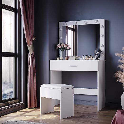 ELEGANT Hollywood Vanity Mirror Dressing Table Set with Adjustable 3 Color LED Lights