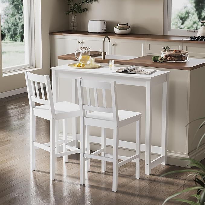 ELEGANT Solid Pine Wood 3 Piece Dining Table Set Furniture White White