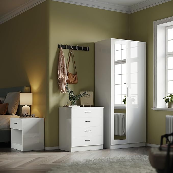 ELEGANT Wardrobe Set Mirrored Wardrobe with 4 Drawer Chest and Bedside Cabinet White