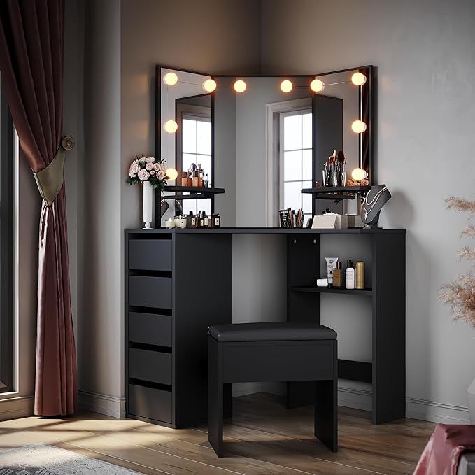 ELEGANT Corner Dressing Table Black with 3 Angle Mirror and 5 Drawers ELEGANT Corner Dressing Table Black with 3 Angle Mirror and 5 Drawers