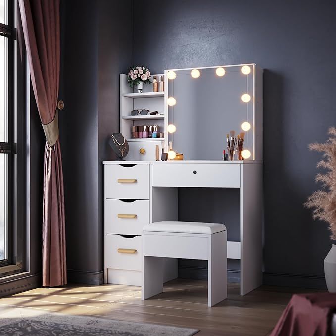 ELEGANT Dressing Table with Mirror and Stool 5 Drawers 4 Shelves White