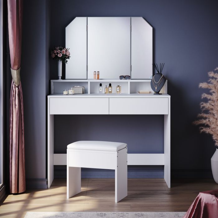 ELEGANT White Dressing Table with Mirror and Stool Makeup Vanity Unit Desk with Foldable Mirror Drawers