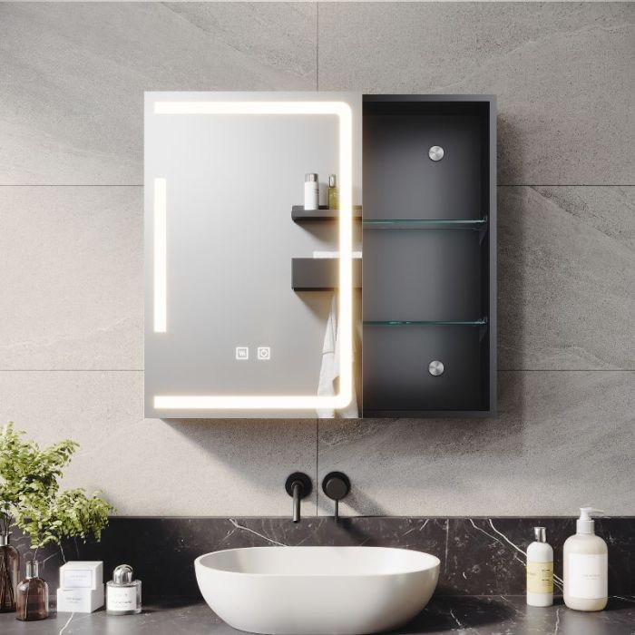 ELEGANT 650 x 600 mm Bathroom Mirror Cabinet with Demister Matt Black