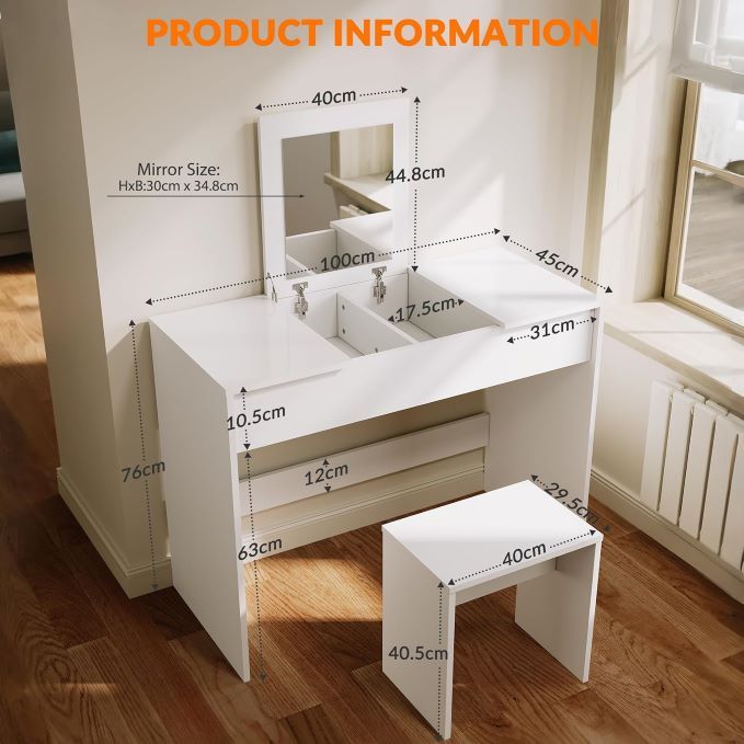 ELEGANT Dressing Table Set with Flip-Up Mirror Stool White
