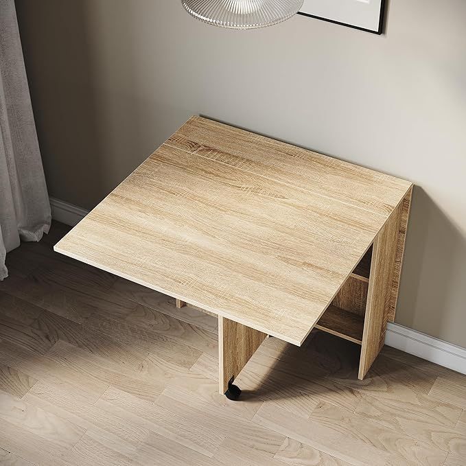 ELEGANT Foldable Dinner Table with Wheels and Storage Shelf Walnut