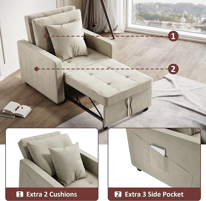 ELEGANT Cream White Single Sofa Bed 3 in 1 Pull Out Convertible Sleeper Chair Bed with Adjustable Backrest