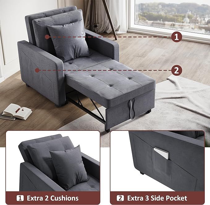ELEGANT Grey Single Sofa Bed 3 in 1 Pull Out Convertible Sleeper Chair Bed with Adjustable Backrest