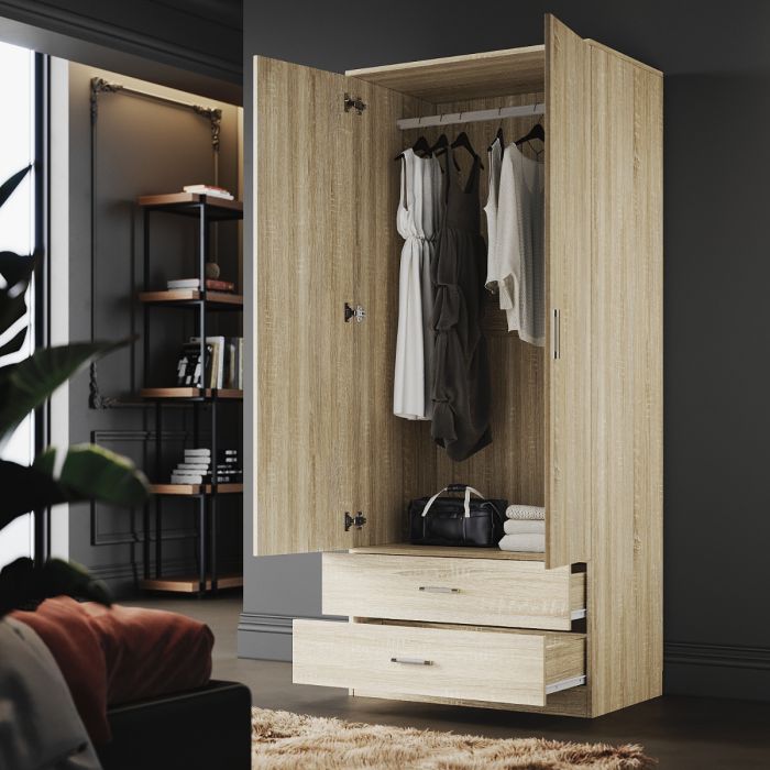 ELEGANT 2 Drawers 2 Doors Oak Finish Free Standing Wardrobe With Large Hanging Space
