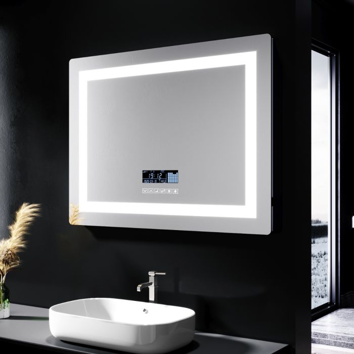 ELEGANT Backlit LED Bathroom Mirror With Shaver Socket And Bluetooth Speakers, Illuminated Bathroom Vanity Mirror With Dimmable Brightness | Sensor Touch | Demister Pad | 800x600mm LED Smart Mirror