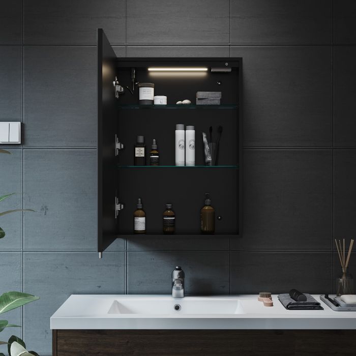 ELEGANT 500 x 700mm Bathroom Mirror Cabinet with Shaver Socket and Led Lights Black Single Door