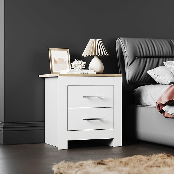ELEGANT Bedside Cabinet Night Stand Storage Shelf with 2 Bin Drawers White Oak