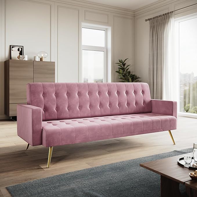 ELEGANT Pink 3 Seater Velvet Sofa Bed with Square Armrest and Rose Gold Finish Legs