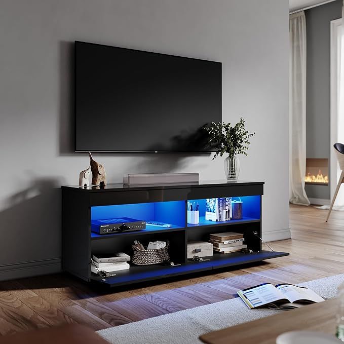 ELEGANT Modern Furniture TV Stand Cabinet with Shelves and Drawers Black