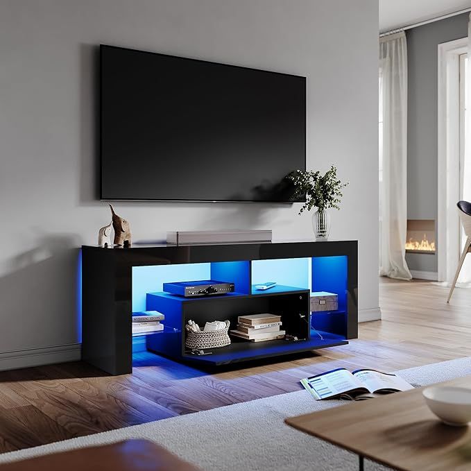 ELEGANT Black 140cm TV Stand Cabinet with 2 Glass Shelves and Drawer