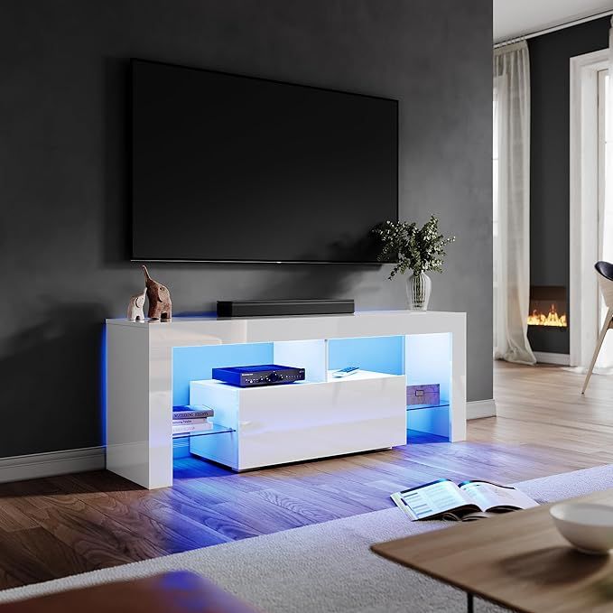 ELEGANT White 140cm TV Stand Cabinet with 2 Glass Shelves and Drawer