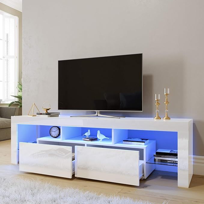 ELEGANT 1600mm Gloss White Modern Multi Colour LED TV Unit Stand Up to 65 Inches TV