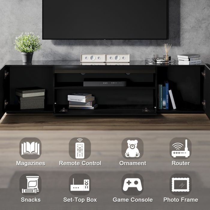 ELEGANT 200cm High Gloss TV Stand Black Cabinet Unit Doors Storage with RGB LED Cupboard