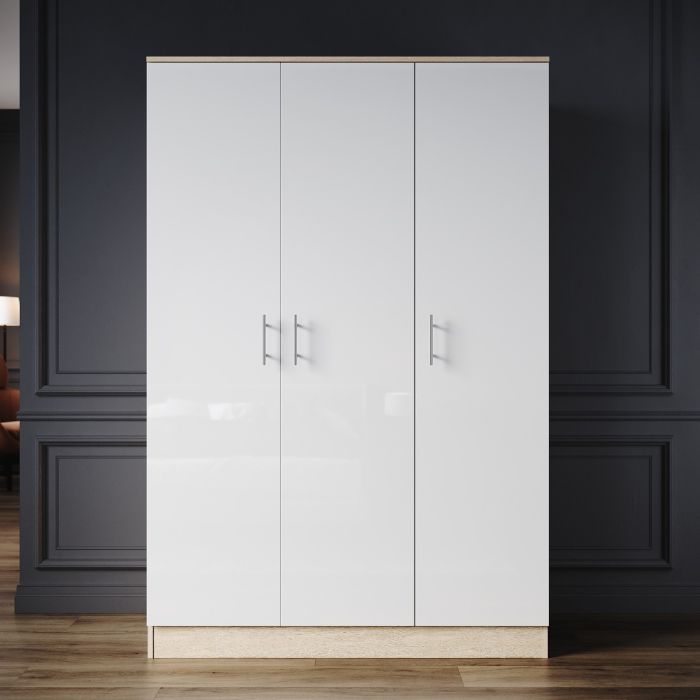 ELEGANT 3 Door Wardrobes High Gloss White Oak with Hanging Rail and Storage Shelves Modern Clothes