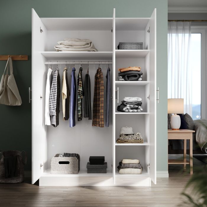 ELEGANT 3 Door Triple Mirrored Wardrobe White High Gloss with Hanging Rail Shelves