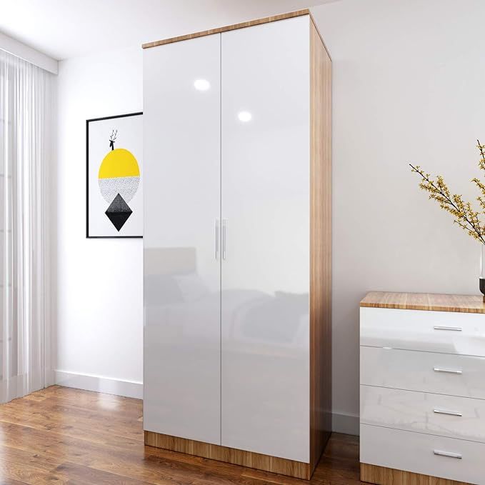 ELEGANT 1780x760x450mm Soft Close 2 Door High Gloss White And Oak Finish Wardrobe
