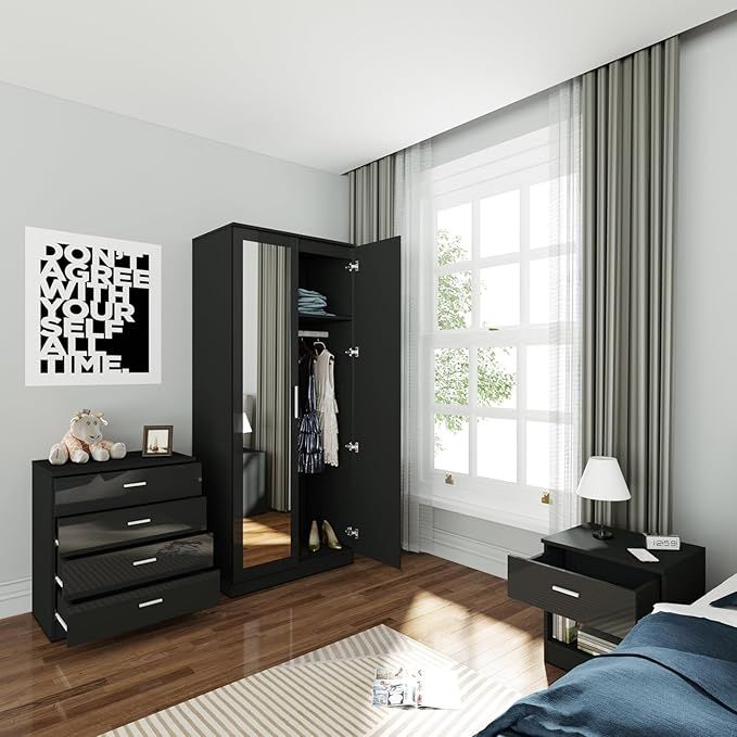 3 Pieces Bedroom Furniture Sets Wardrobe with Mirror 4 Storage Drawers and Bedside Cabinet