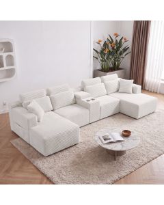 U‑Shaped Compressed Corduroy Cloud Sofa, 4‑6 Seater Deep Seat Sectional Couch with Built‑in Cup Holders