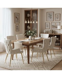 Dining chair, set of 6, luxurious living room/bedroom lounge chair with four gold-colored metal support legs, beige