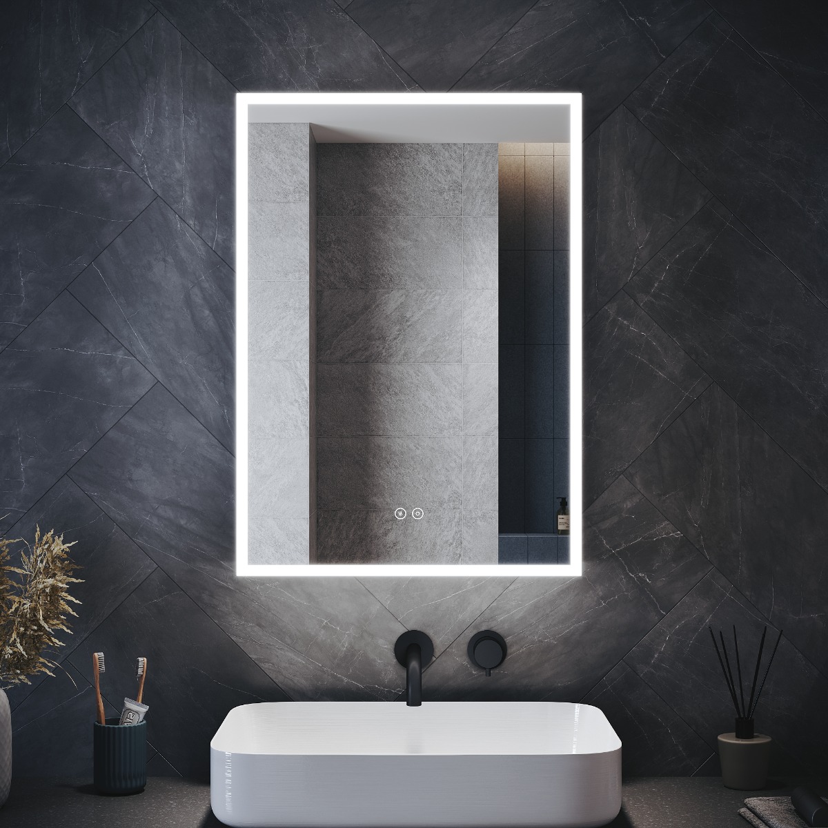 ELEGANT 500 x 700mm Bathroom Mirror Cabinets Stainless Steel Modern LED Illuminated Bathroom Mirror Cabinet with Demister Pad Shaver Socket