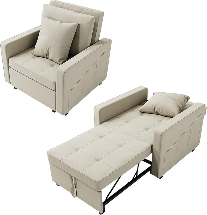 ELEGANT Cream White Single Sofa Bed, 3-in-1 Pull Out Convertible Sleeper Chair Bed with Adjustable Backrest
