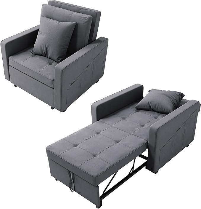 ELEGANT Grey Single Sofa Bed, 3-in-1 Pull Out Convertible Sleeper Chair Bed with Adjustable Backrest