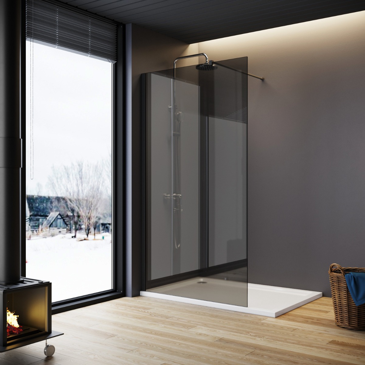 ELEGANT 1100mm Walk-In Shower Panel Smoked Glass 8mm Easy Clean Nano Glass Shower Screen-image-WRG-G110+WRF-B