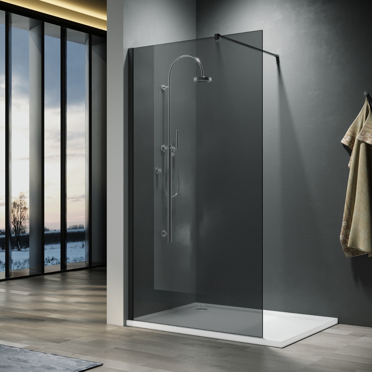 ELEGANT 700mm Walk-In Shower Panel Wetroom Smoked Glass 8mm Easy Clean Nano Glass Shower Screen-image-WRG-G70+WRF-B