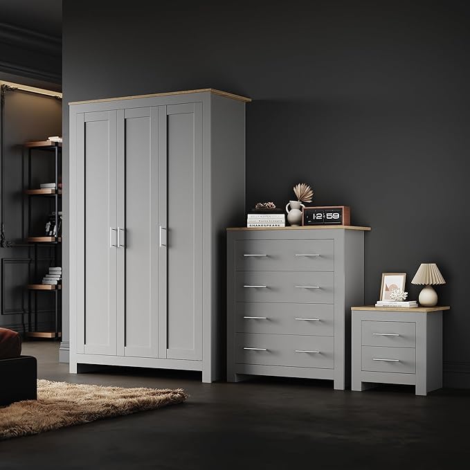 ELEGANT Cabinet Furniture Set with Large Hanging Space New Luxury Style Cabinet for Bedroom Storage, Grey/Oak-image-SWD4-GO-1+SWD4-GO-2+SDC-GO+SBT-GO