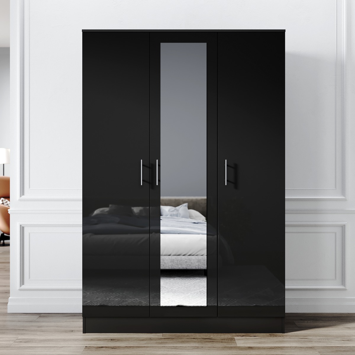 ELEGANT 500D x 1200W x 1800Hmm 3 Door High Gloss Black Mirrored Wardrobes with Hanging Rail-image-TWDM-BB-1+TWDM-BB-2